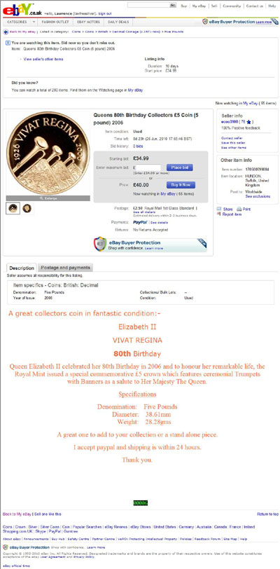 ecoo3108 eBay Listing Using our 2006 Gold Proof Queen's 80th Birthday Five Pound Crown Obverse & Reverse Photographs Photograph
